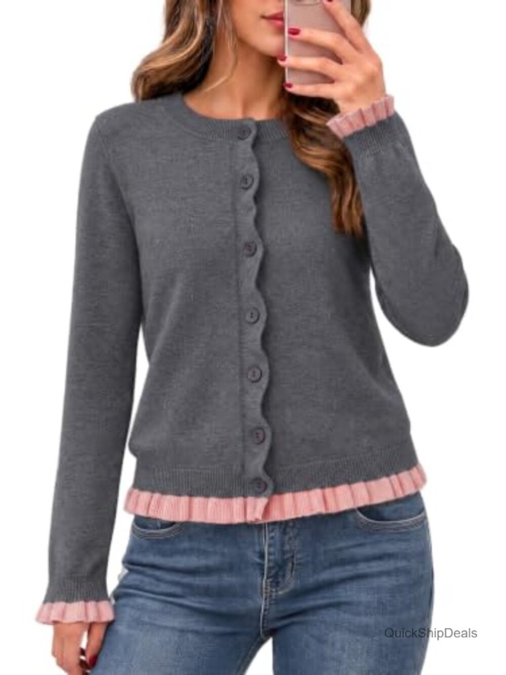 Women's Cardigan Sweater Button Down Knit Ruffle